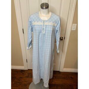 Oscar De La Renta Blue White Check Long Nightgown Lace Button-Up, Size Small